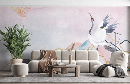 Elegant Crane Watercolour Mural: Japanese Style in pastel tones, modern beige sofa, grey rug, plants.