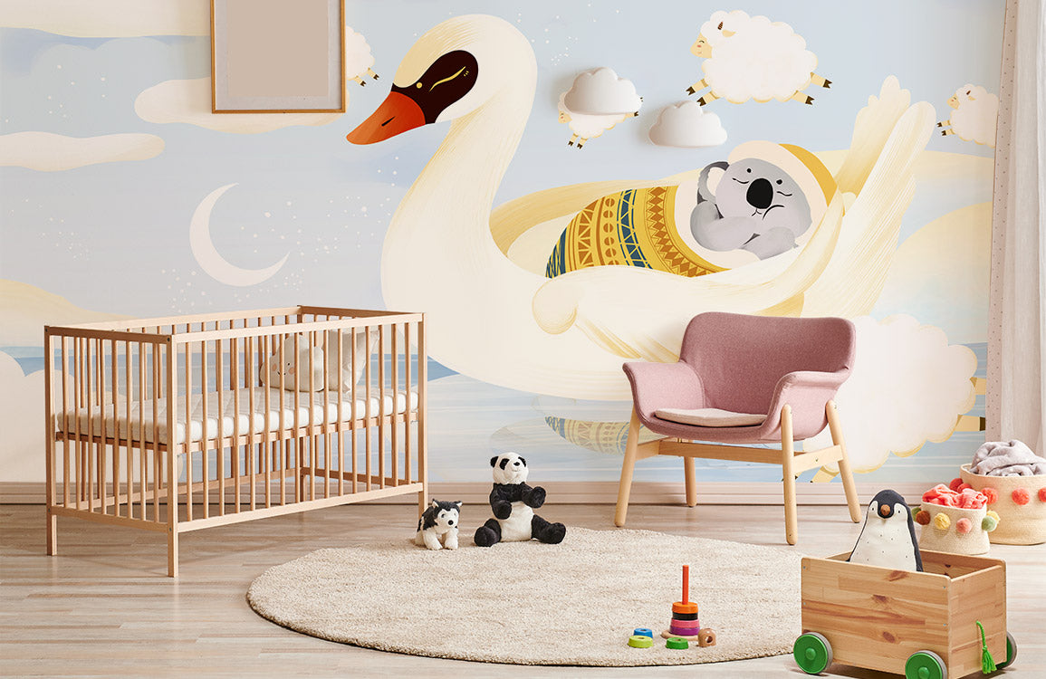 Whimsical Swan Cloud Nursery Mural Wallpaper