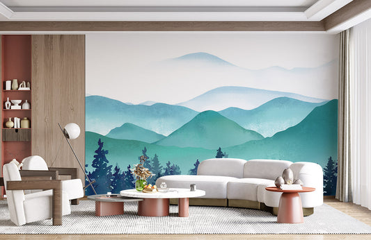 Misty Mountain Landscape Watercolor Mural Wallpaper