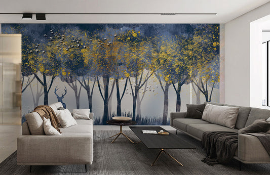 Enchanted Forest Deer Silhouette Mural Wallpaper