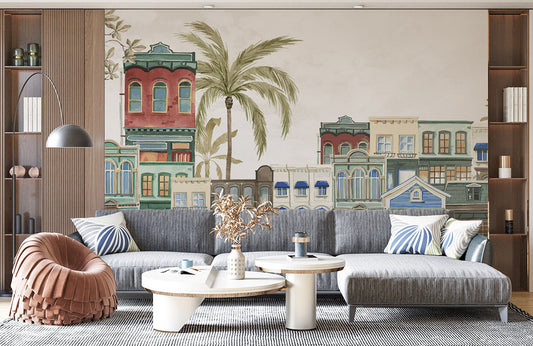 Vintage Townscape Illustrative Mural Wallpaper