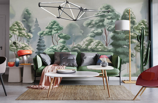 Misty Green Forest Landscape Wall Mural