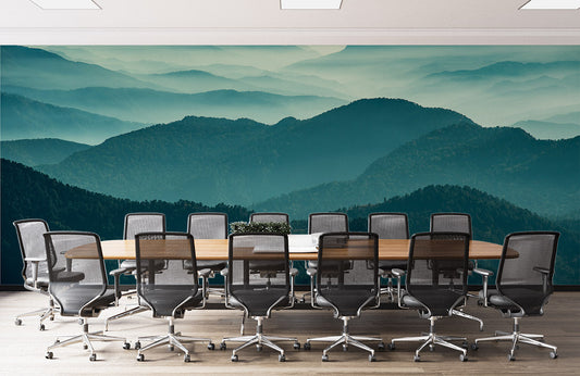 Home decor wall mural of misty green mountains