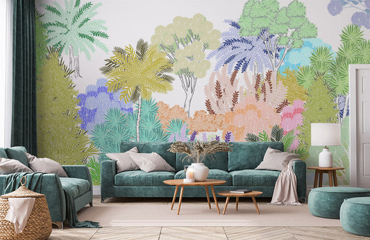 Colorful Tropical Botanical Vintage Mural Wallpaper