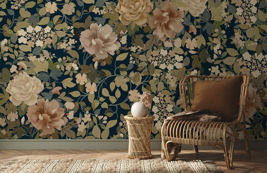 Elegant Navy Vintage Floral Mural Wallpaper