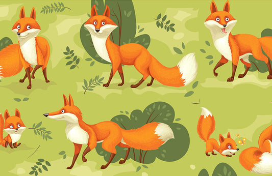 Charming Foxes Green Nursery Mural Wallpaper