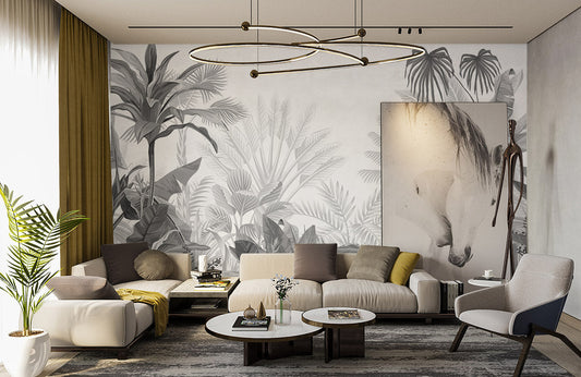 Monochrome Tropical Botanical Mural Wallpaper