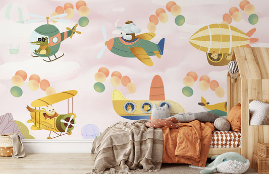 Whimsical Animals Flying Mural Wallpaper