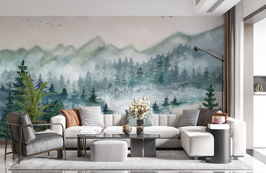 Misty Forest Landscape Watercolor Mural Wallpaper