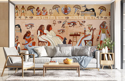 mural wallpaper in the living room depicting ancient Egypt