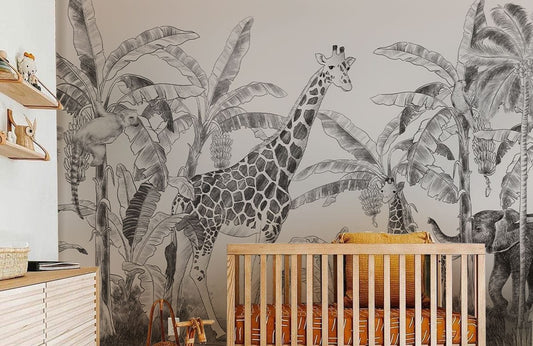 A mural wallpaper design suitable for use in nurseries that depicts various animals living in a tropical environment.