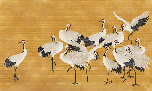 Gold Japanese Crane Bird Mural Wallpaper