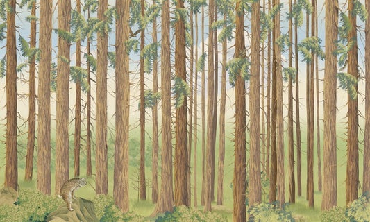 Wallpaper mural featuring a dense forest of tree trunks for use in home decoration