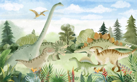 Playful Dinosaur Watercolor Kids Mural Wallpaper