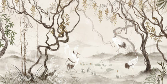 Wallpaper mural for home decoration featuring fairy cranes in a forest setting.