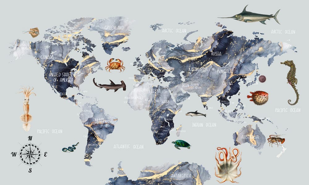 World Map Ocean Animals Mural Wallpaper