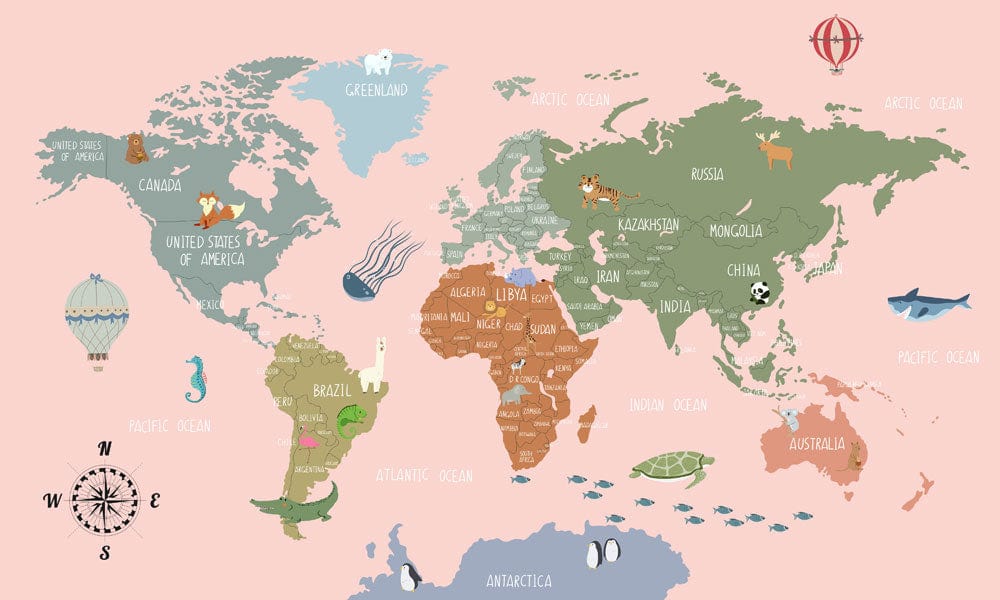 Colorful World Map Kids Wall Mural