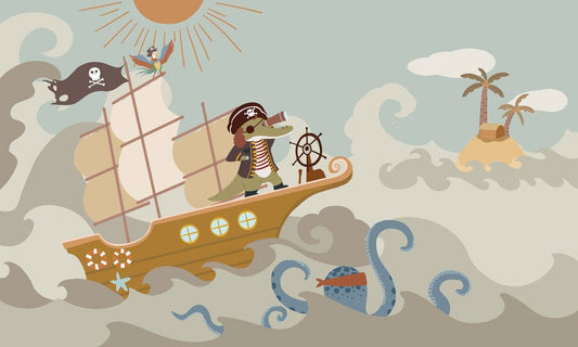 Cartoon Mural Wallpaper with Pirate on Ocean Scene for Home Decoration