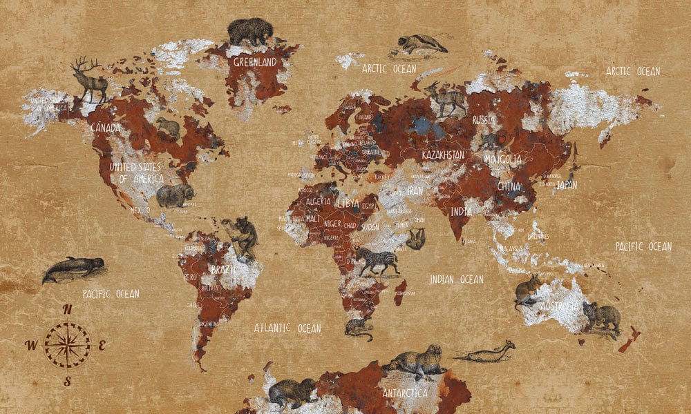 Vintage World Map Animal Mural Wallpaper