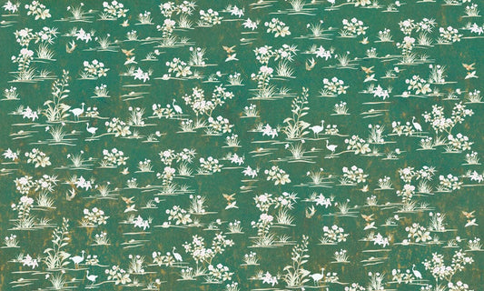 Carta da parati murale floreale verde con uccelli in stile chinoiserie