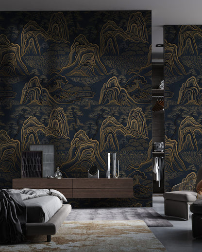Midnight Golden Mountains Mural Wallpaper in bedroom