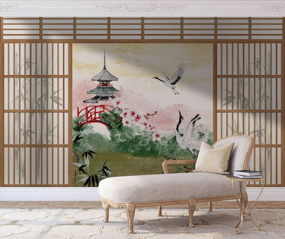Cranes at Tranquil Pagoda Mural Wallpaper in living room