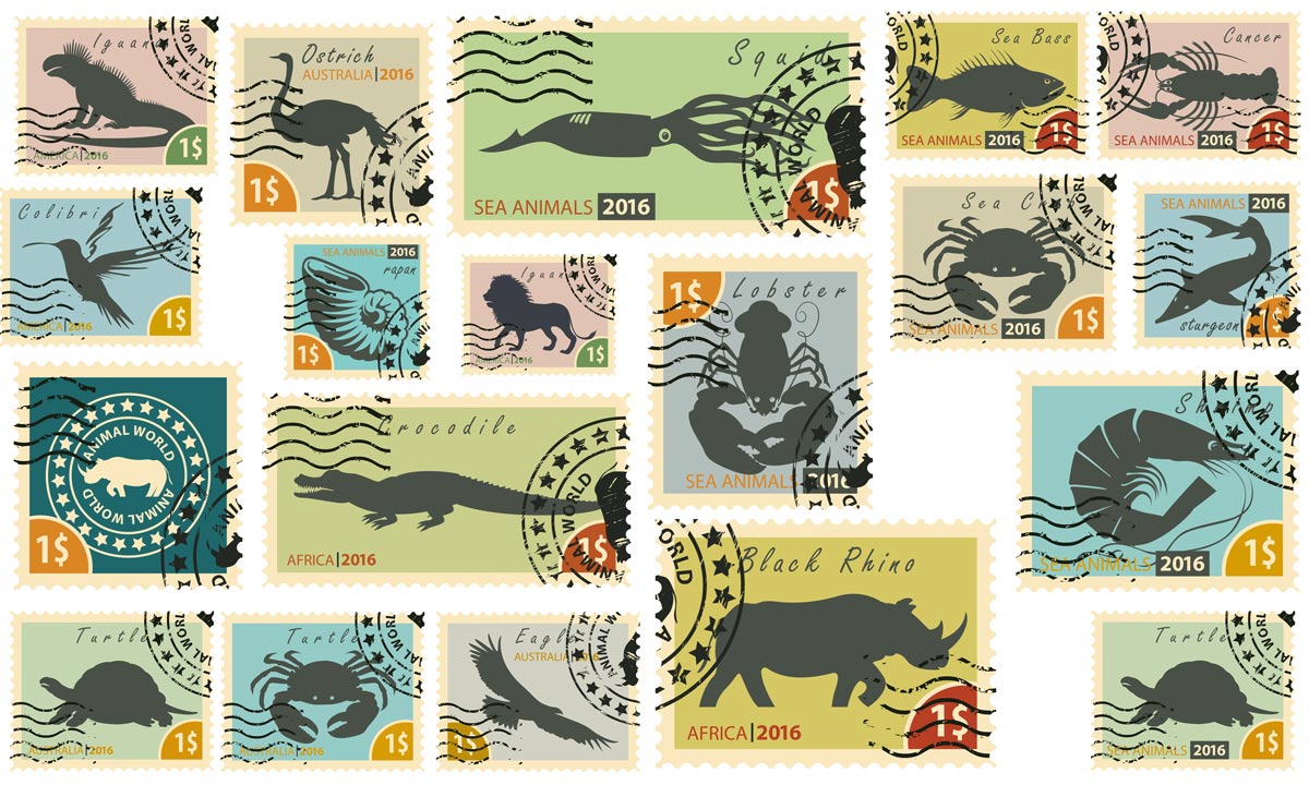 Vintage Tierbriefmarkensammlung Wandtapete