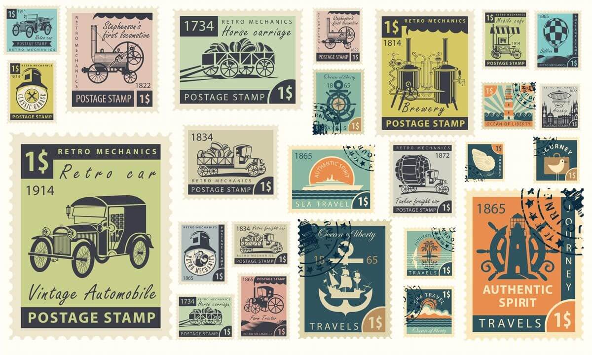 Vintage Stamp Collage Feature Mural Wallpaper