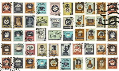 Coffee Shop Wallcovering Featuring a Vintage Stamp Pattern Mural