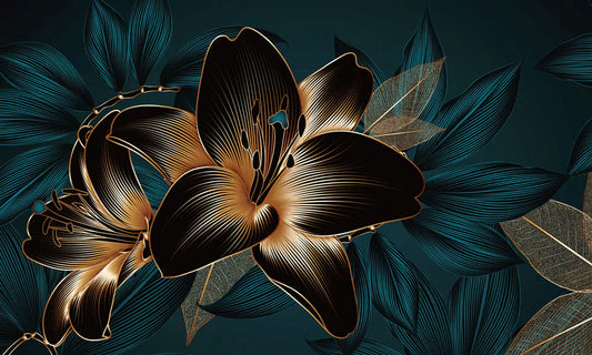 Elegant Gold Floral Dark Mural Wallpaper