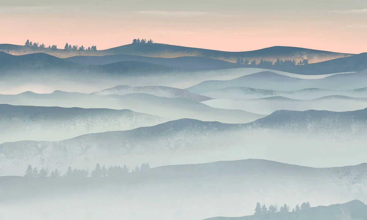 Mural papier peint paysage pastel de montagne brumeuse