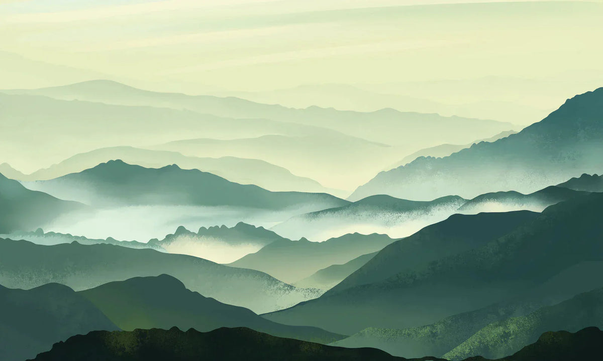 Pano mural paysage de chaîne de montagnes brumeuse