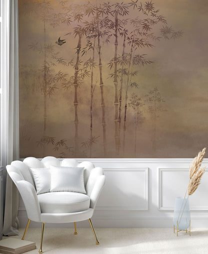 Golden Bamboo Forest Mural Wallpaper in living room