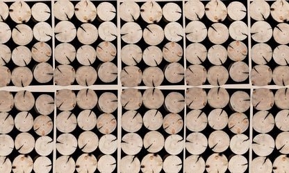 Wallpaper mural in the room with a wooden pile storage.