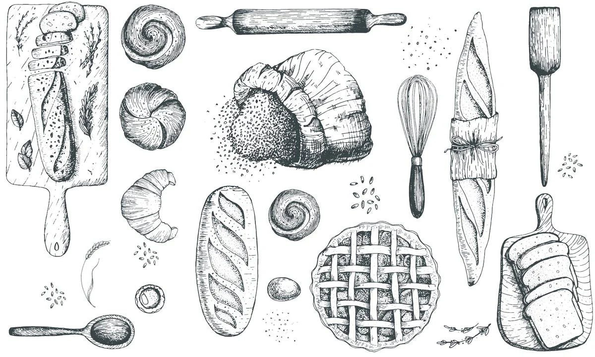Rustic Kitchen Sketches Wallpaper Mural