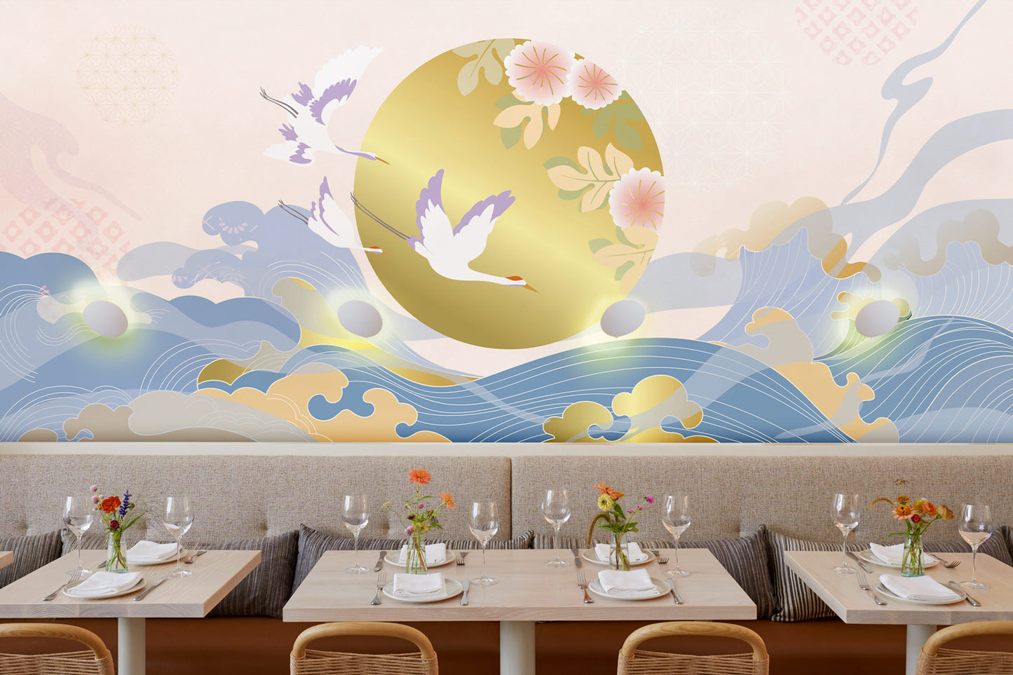 Golden Sunrise & Cranes Mural Wallpaper in dining room