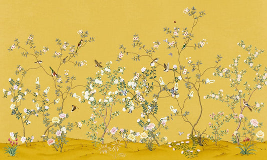 Golden Botanical Garden Mural Wallpaper: Elegant Floral and Bird Design