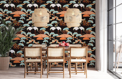 Elegant Cranes & Lotus Mural Wallpaper in dining room