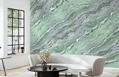 Emerald Serenity Marble Mural Wallpaper in living room