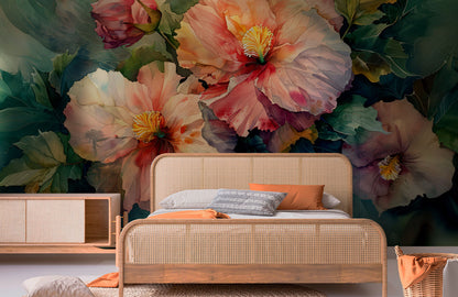 Elegant Tropical Large Floral Wallpaper in bedroom