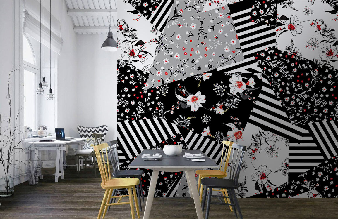 Monochrome Floral Patchwork Wallpaper