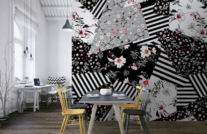 Monochrome Floral Patchwork Wallpaper