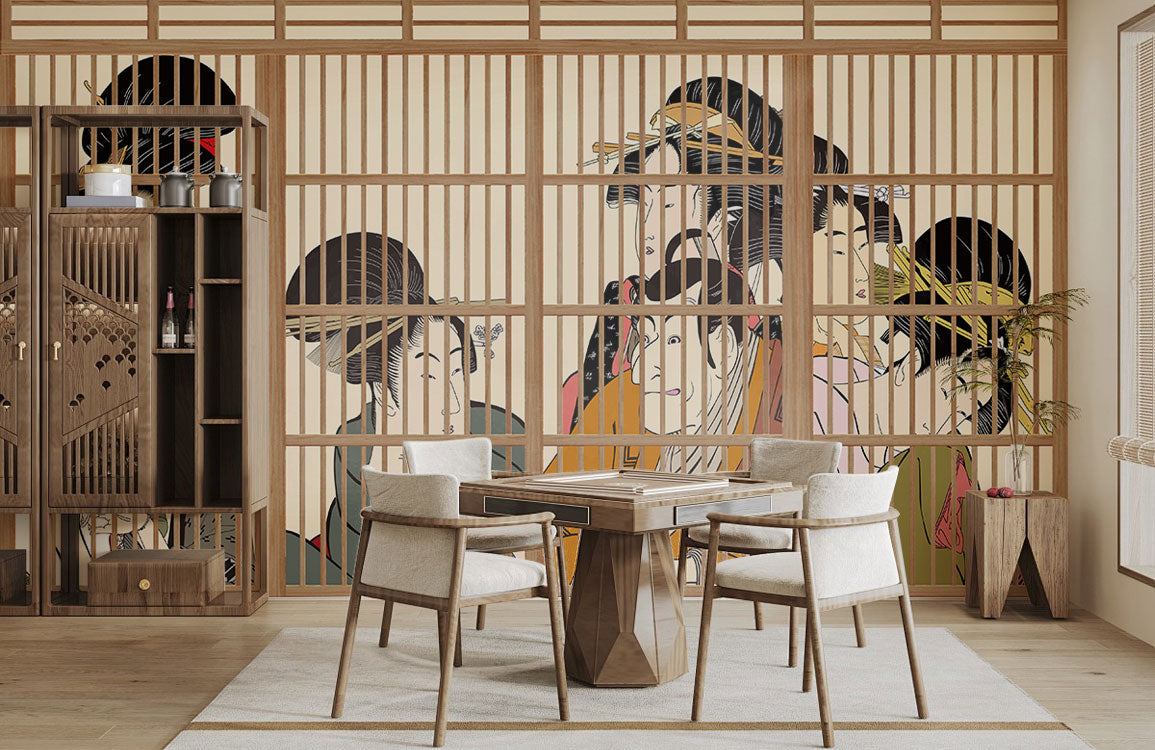 Geisha Behind Screens Mural Wallpaper in dining room