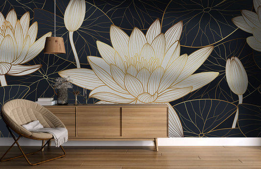 Golden Lotus Elegance Mural Wallpaper