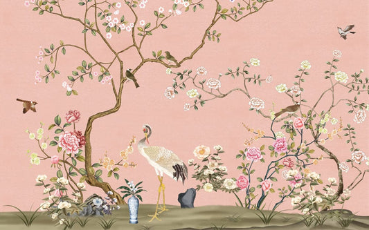 Elegant Pink Chinoiserie Floral Mural Wallpaper