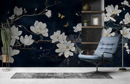Magnolia Blossom and Butterflies Mural Wallpaper