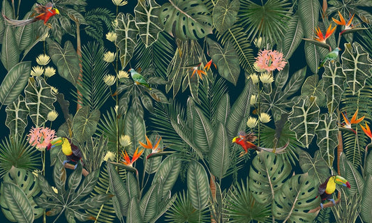 Tropical Botanical Birds Mural Wallpaper