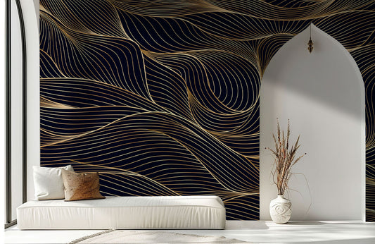 Golden Wave Lines Mural Wallpaper