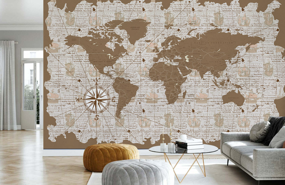 Vintage World Map Wallpaper Decor in living room