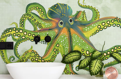 Green Octopus Mural Wallpaper in bathroom